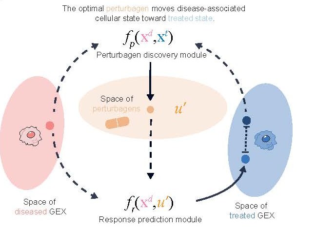 Diagram: PDGrapher takes a diseased cell state, predicts a set of drug targets, and models how those targets move the cell toward a treated state.